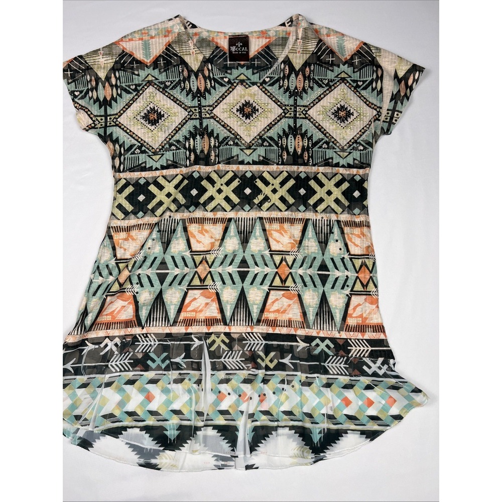 Vocal Womens Southwest Aztec Print Tunic Top Rhinestone Ruffle Hem Medium 12985S